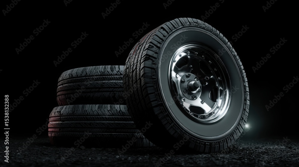 Obraz premium Black background with a black car wheel and tire, with chrome rims on the rim.