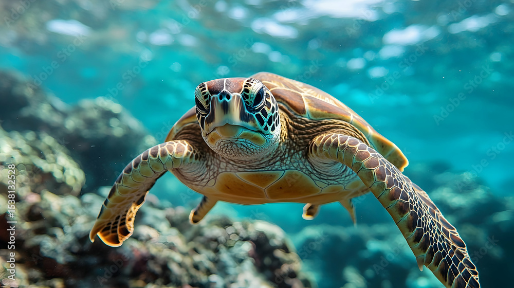 Obraz premium Close-up of a sea turtle swimming in the ocean.