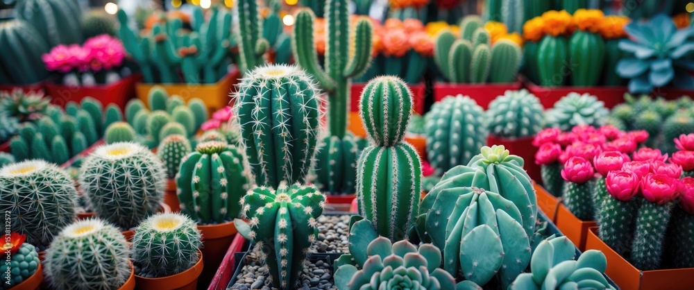 Fototapeta premium Cactus And Succulent Plants In Flower Market with colorful flowers and greenery. Gardening and plant shop. Nature and botany concepts. The diversity of succulents and cacti.