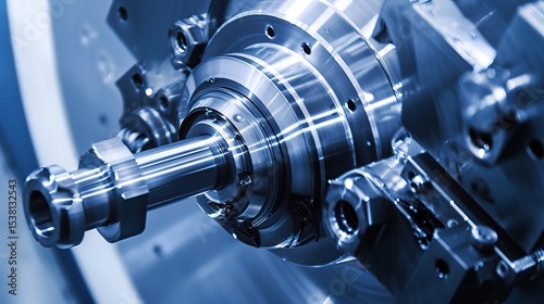 Close-up of machined part turning on a lathe, showcasing a metal component precision-cut by a carbide tool with chips flying and coolant spraying