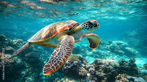 Colorful sea turtle swimming in coral reef.
