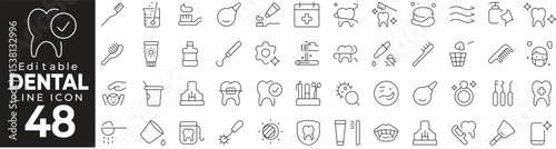 Dental care and oral hygiene linear icon collection. Includes toothbrush, toothpaste, tooth, dental clinic, braces, floss, mouthwash, dentist tools, and healthy smile elements. Ideal for healthcare, d