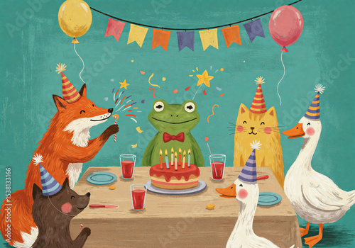 Festive card with cute animals in birthday caps at a table with a cake