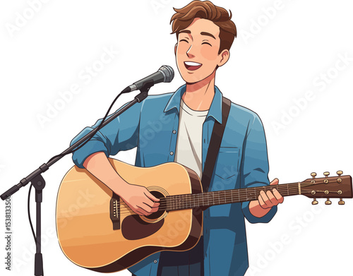 illustration of a young man singing and playing acoustic guitar.