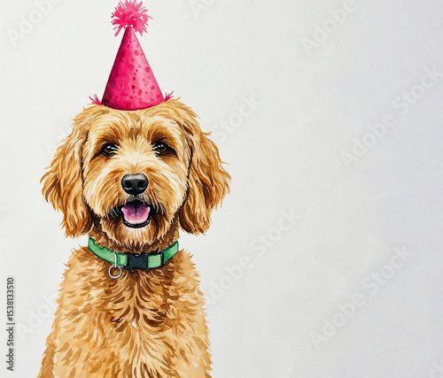 Illustration of a cute dog in a colorful birthday hat
