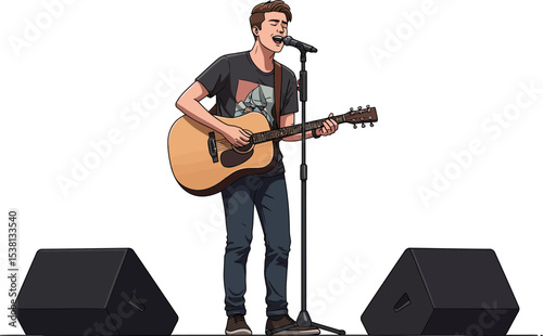 illustration of a young man singing and playing acoustic guitar.