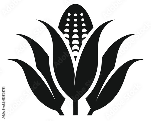 Stylized Black and White Corn Cob with Husk Illustration