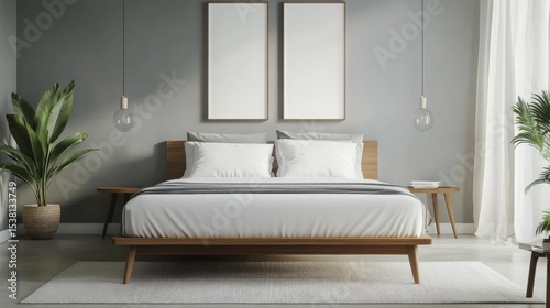 A high-resolution image of a minimalist bedroom featuring a sleek bed frame, simple bedding, and a contemporary design with neutral tones and minimal decor.