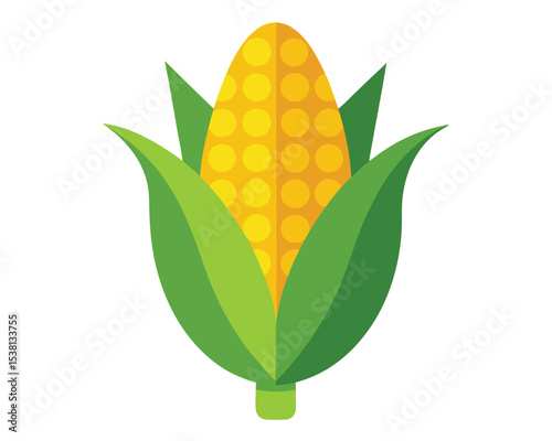 Stylized Corn on the Cob with Green Husks on White Background