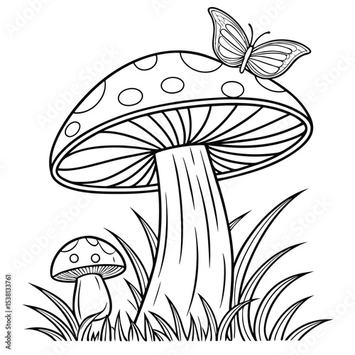 Mushroom and Butterfly Coloring Page with Grass and Smaller Mushroom