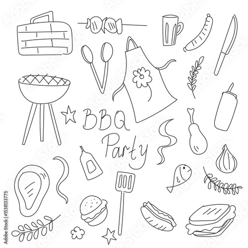 Set of Hand drawn BBQ party doodle. vector art element