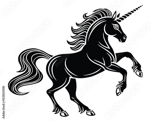 Elegant Black Unicorn Rearing Up on White Background in Stylized Illustration
