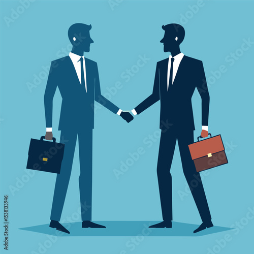 Business Deal Two Businessmen Shaking Hands with Briefcases on a Blue Background