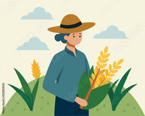 Stylized Illustration of a Farmer Holding Wheat in a Field