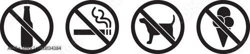 Silhouette of Prohibited Symbols for Drink, Smoke, Pets, and Food Icons
