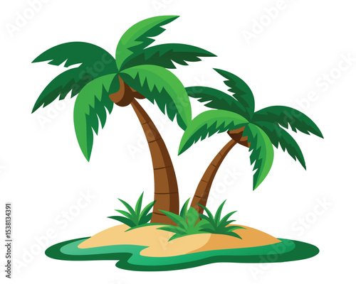 Cartoon Tropical Island with Palm Trees and Green Grass Illustration