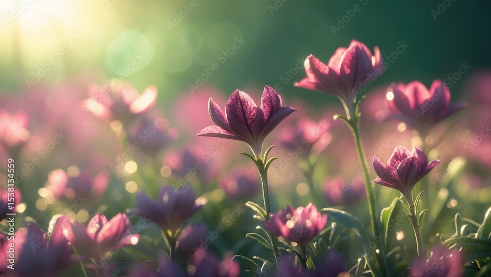 Dark Pink Small Flowers Blooming In Spring Under The Sun, Close Up Photo. With Empty Copy Space For Text Dark Pink Small Flowers Blooming In Spring Under The Sun, Close Up Photo. With Empty Copy Space For Text