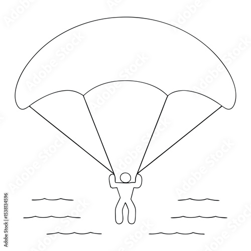 Line Drawing of Parachutist Landing Over Water with Simple Wave Details