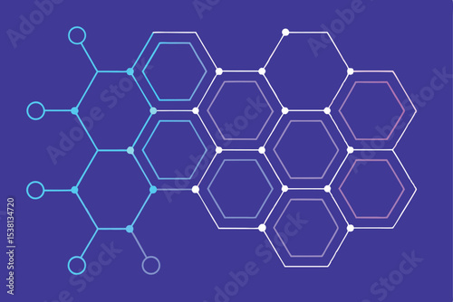 Connected Hexagons Network Design Illustration with Gradient Lines on Deep Blue Background