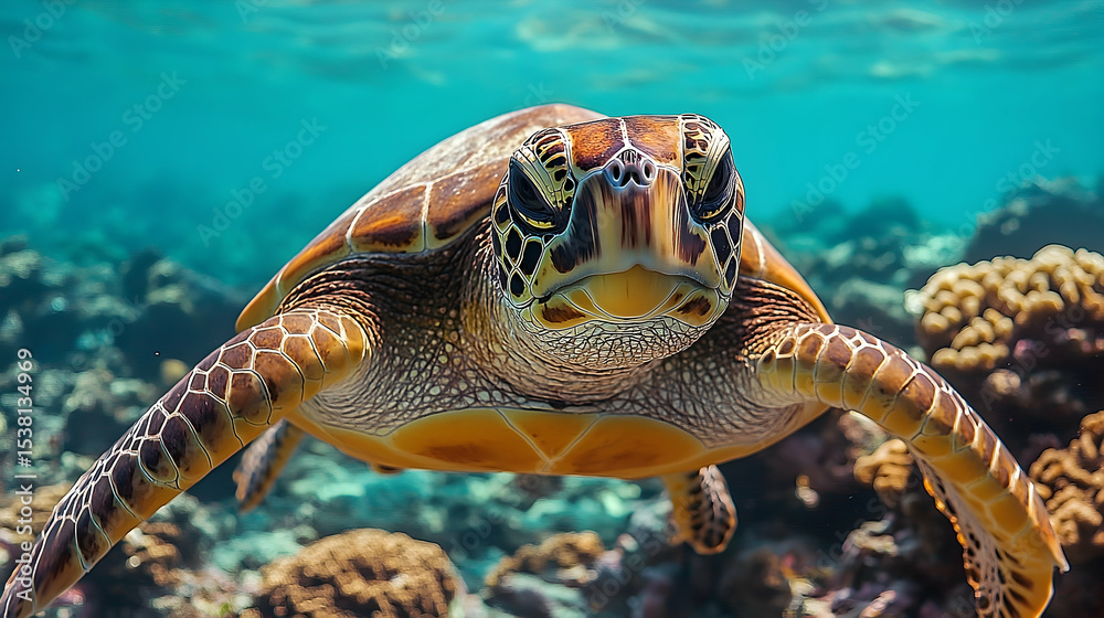 Obraz premium Close-up view of a sea turtle swimming in turquoise water.