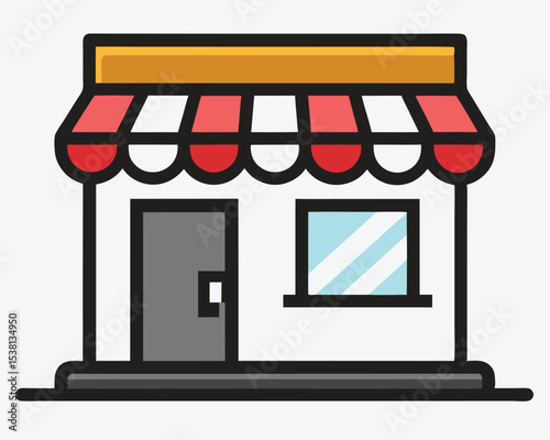 Simple Storefront Illustration with Red and White Awning and Gray Door