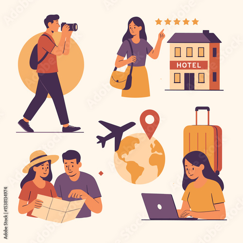 Flat Vector Illustration Set Design Travel Scene Featuring Backpacker Character, Navigation Map, Passport, Flight Icon, and Hotel Building for Vacation and Trip Concepts