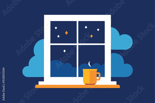 Cozy Night Window Cup of Tea, Stars, Clouds, and Moon Illustration