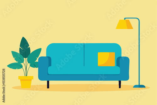 Flat Illustration of Living Room with Blue Sofa, Lamp, and Plant in Pot