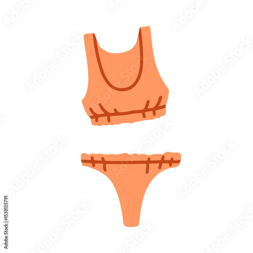 Bikini, lingerie. Two-piece female underwear, bra top and panties bottom. Intimate clothing, underclothing. Feminine swimwear, swimsuit. Flat vector illustration isolated on white background