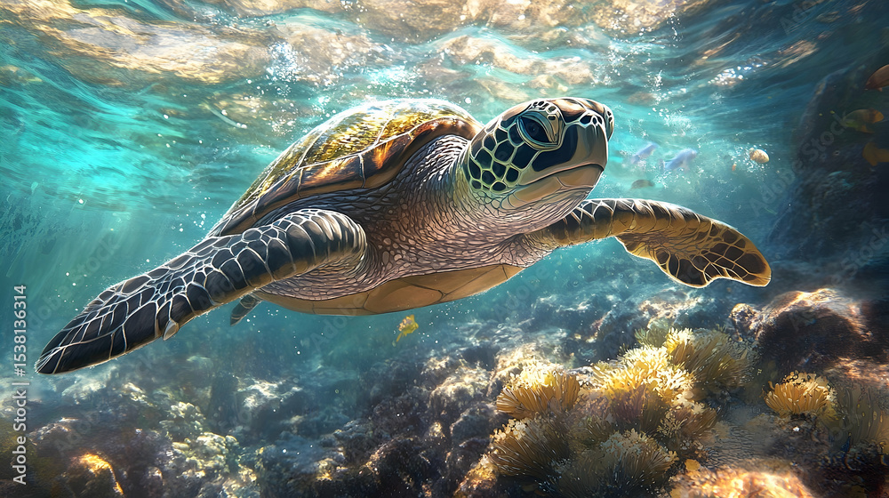 Fototapeta premium A sea turtle glides through a vibrant underwater scene.