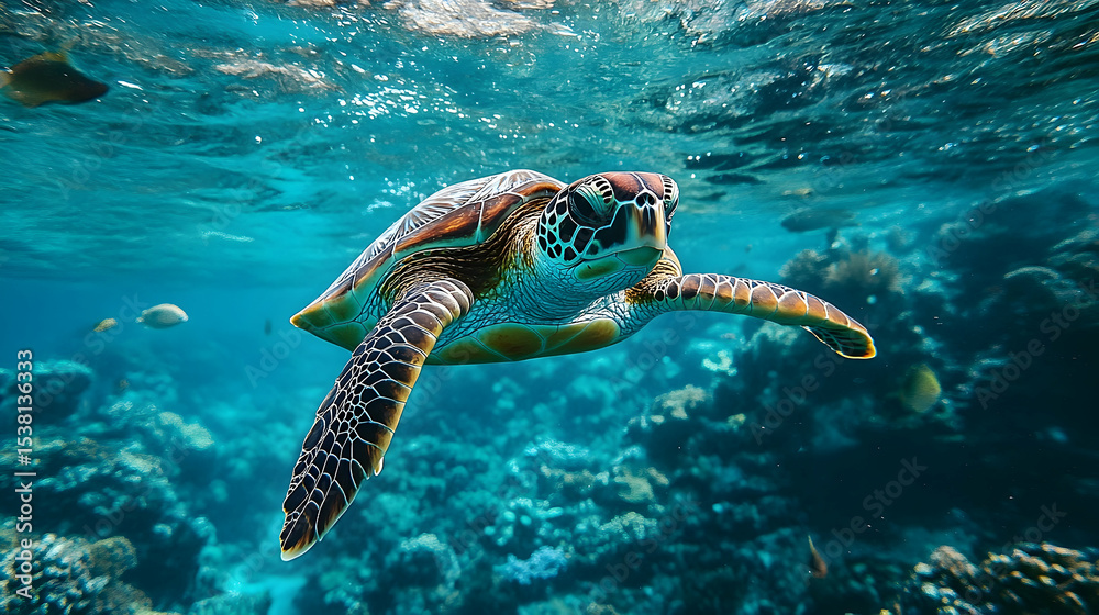Obraz premium Sea turtle swimming amongst coral reefs.
