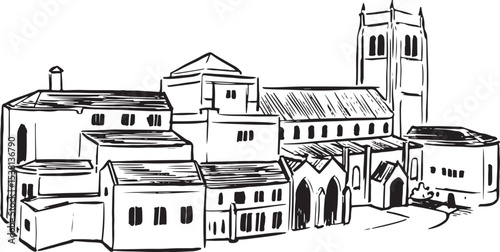 Bradford Cathedral, England landmark ink illustrations.  Anglican cathedral reflecting historical changes. Ancient antique architectural illustrations. English structures sketches. 