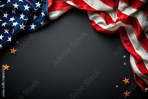Patriotic American Flag Frame with Chalkboard Center, Rustic U.S. flag border with glittery gold stars framing a blank black chalkboard center, perfect for patriotic holiday messages or promotions.

