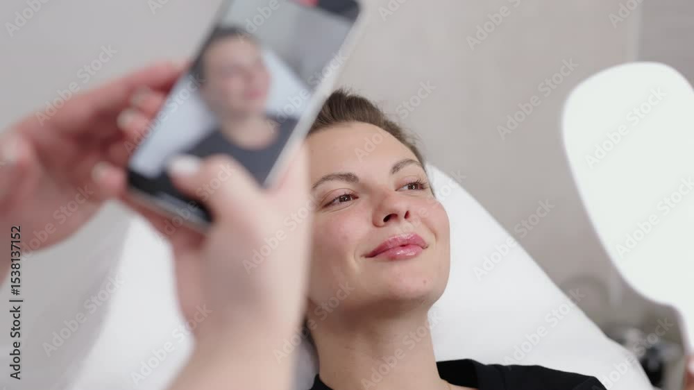 A cosmetologist takes a photo of a young woman's face on her phone after performing cosmetology services. The concept of distance learning and cosmetology services. A cosmetologist takes a photo of a young woman's face on her phone after performing cosmetology services. The concept of distance learning and cosmetology services.