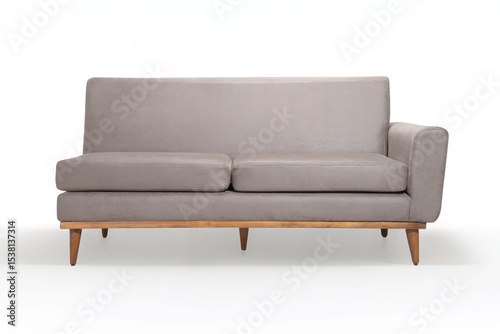 Comfortable gray loveseat with wooden legs, isolated on white background. Modern two-seater sofa for a living room interior. Angle view with copy space.

