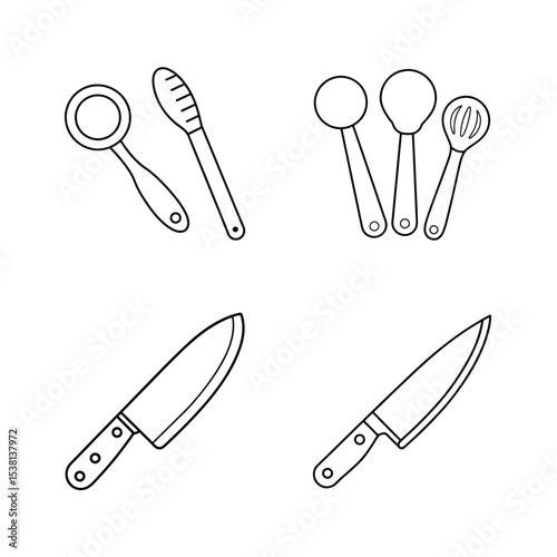 Outlined kitchen utensils collection including knives spoons and cooking tools illustration