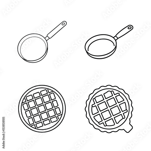 Black and white illustrations of cooking utensils and delicious waffles for breakfast menu design