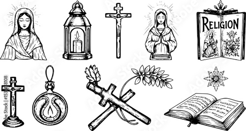 Faith in God, concept. Hand drawn Bible symbols collection in vintage engraving style. Sketch vector illustration
