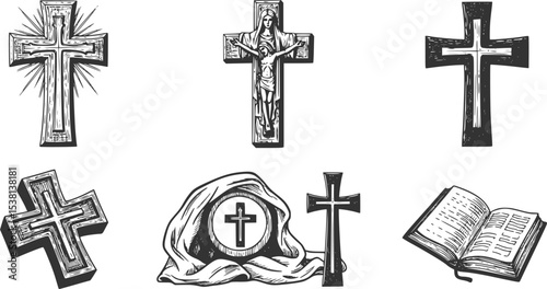 Faith in God, concept. Hand drawn Bible symbols collection in vintage engraving style. Sketch vector illustration

