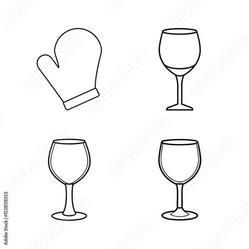 Simple linear outline illustration of a kitchen oven mitt and wine glasses isolated on white