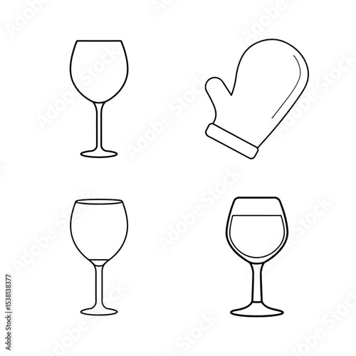 Simple outline illustrations of wine glasses and oven mitts for culinary and beverage designs