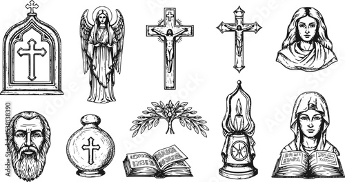Faith in God, concept. Hand drawn Bible symbols collection in vintage engraving style. Sketch vector illustration
