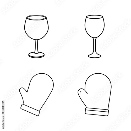 Simple line drawings of wine glasses and mittens isolated on white background for design