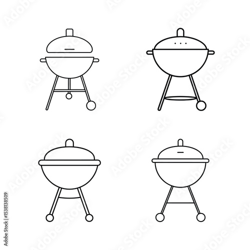 Minimalist vector illustration of four distinct bbq grill designs on a white background