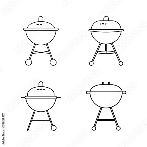 Line art illustrations of several simple barbecue grills perfect for summer cooking events