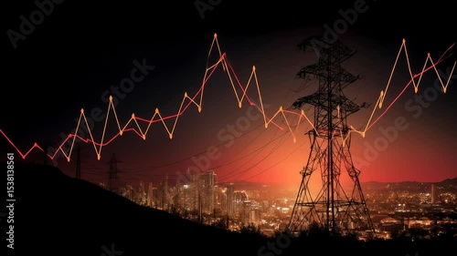 Silhouette of Electrical Transmission Tower Against a Fiery Sunset Sky with a Graph Overlay Showing the Fluctuating Electricity Price