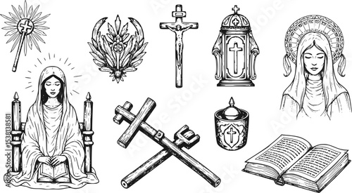 Faith in God, concept. Hand drawn Bible symbols collection in vintage engraving style. Sketch vector illustration
