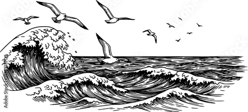 Birds fly over the sea. Seascape with waves, seagulls. Travel concept. Hand drawn landscape in vintage engraving style
