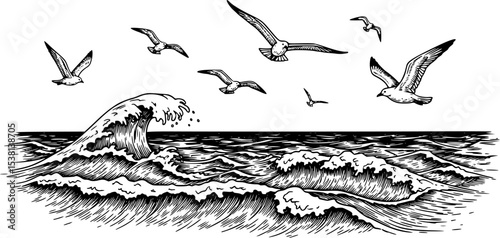 Birds fly over the sea. Seascape with waves, seagulls. Travel concept. Hand drawn landscape in vintage engraving style
