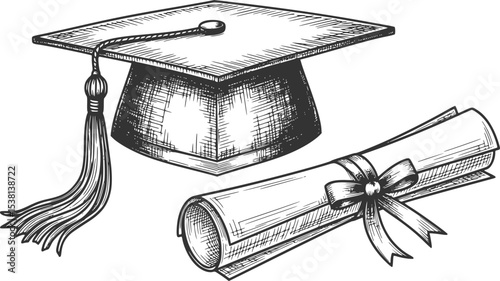 Graduation cap with tassel and rolled diploma. Mortarboard and Degree. Sketch illustration
